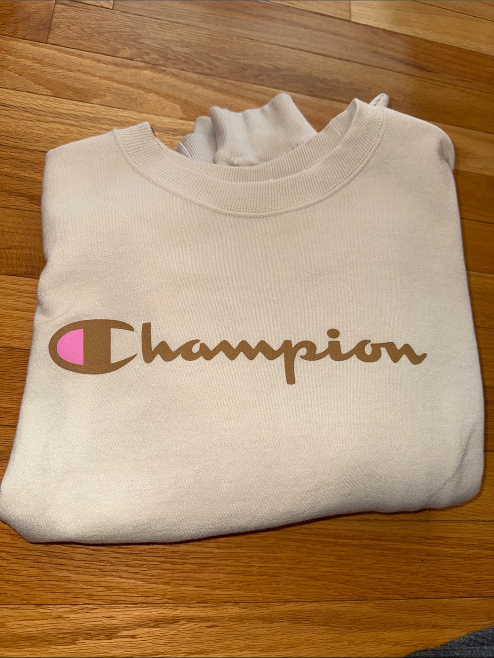 Champion Cream Crewneck with Brown Script and Pink Accent